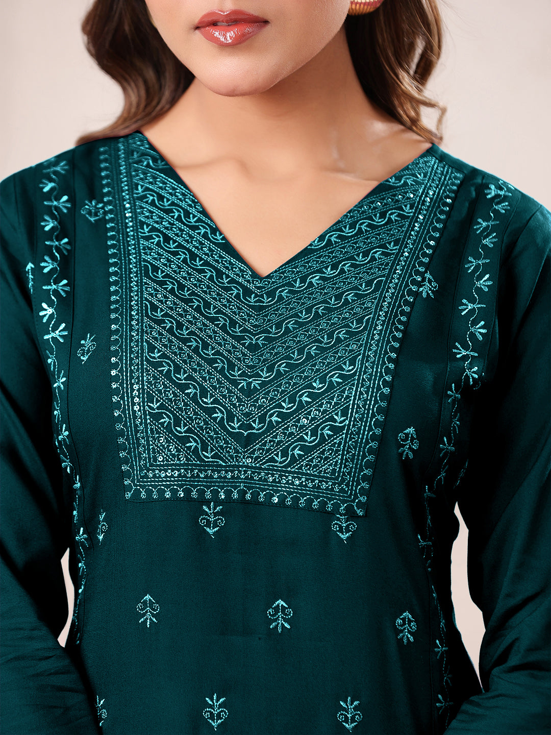 Janasya Dark Rayon Embroidered Straight Kurta