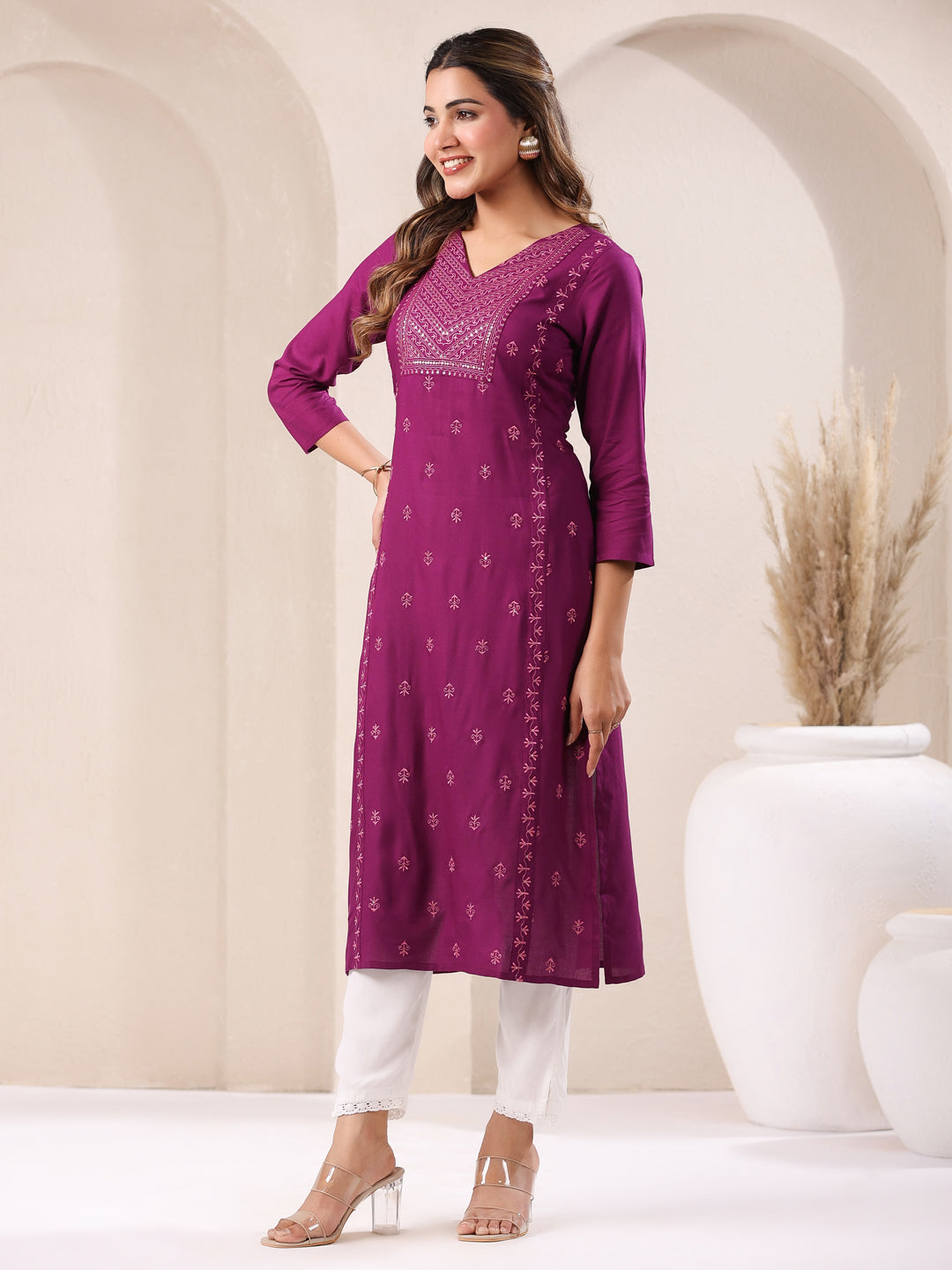Janasya Dark Rayon Embroidered Straight Kurta
