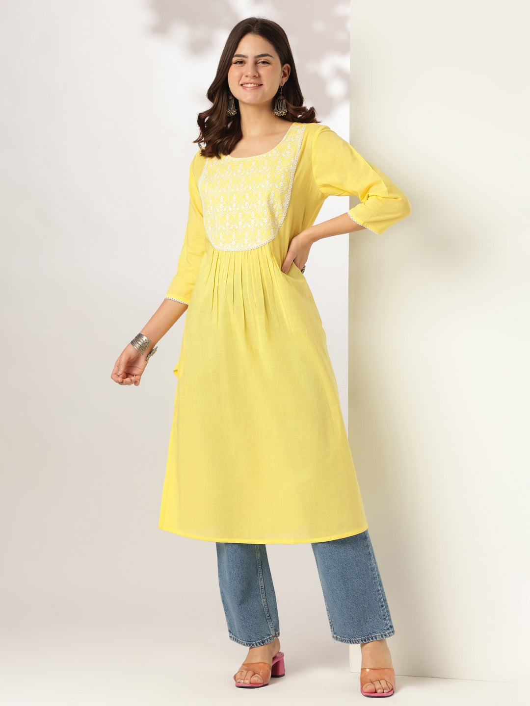 Janasya Light Cotton Yoke Embroidery A-Line Kurta