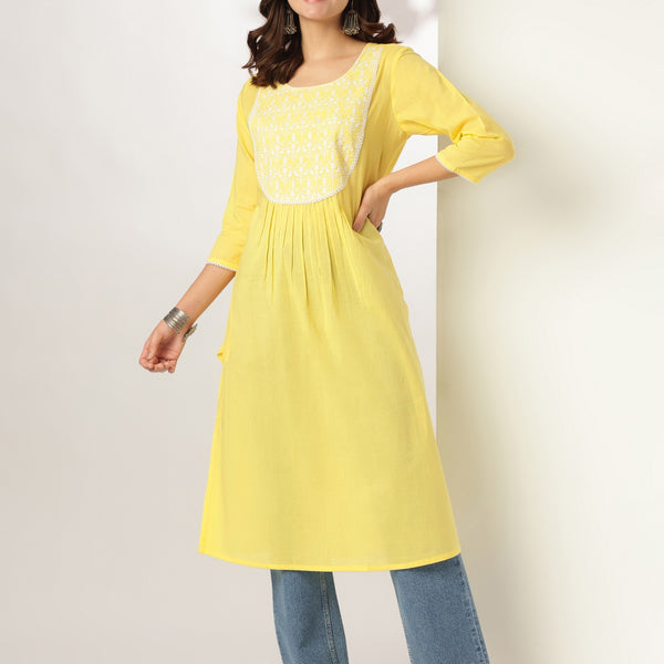 Janasya Light Cotton Yoke Embroidery A-Line Kurta