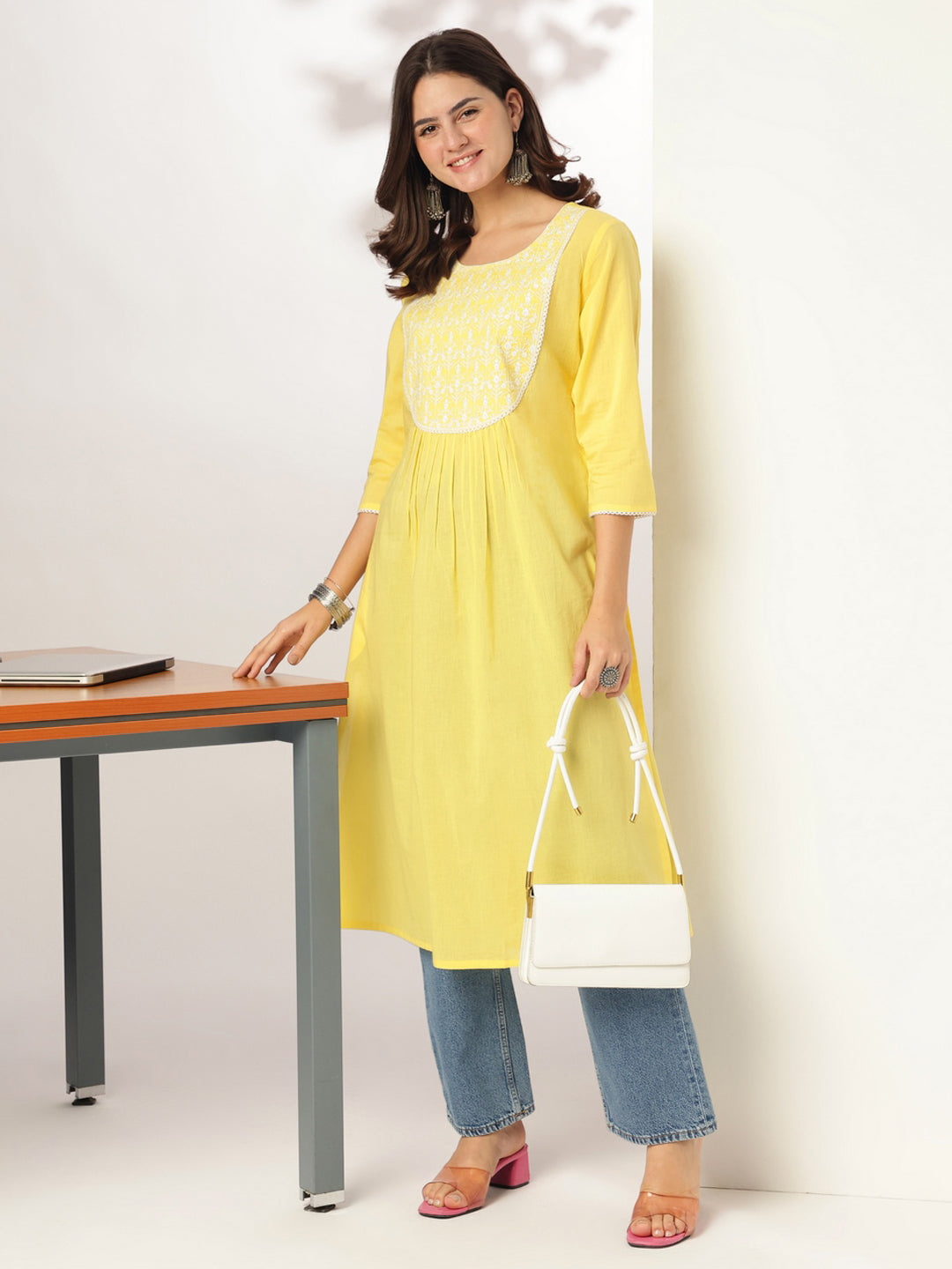 Janasya Light Cotton Yoke Embroidery A-Line Kurta