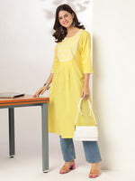 Thumbnail for Janasya Light Cotton Yoke Embroidery A-Line Kurta