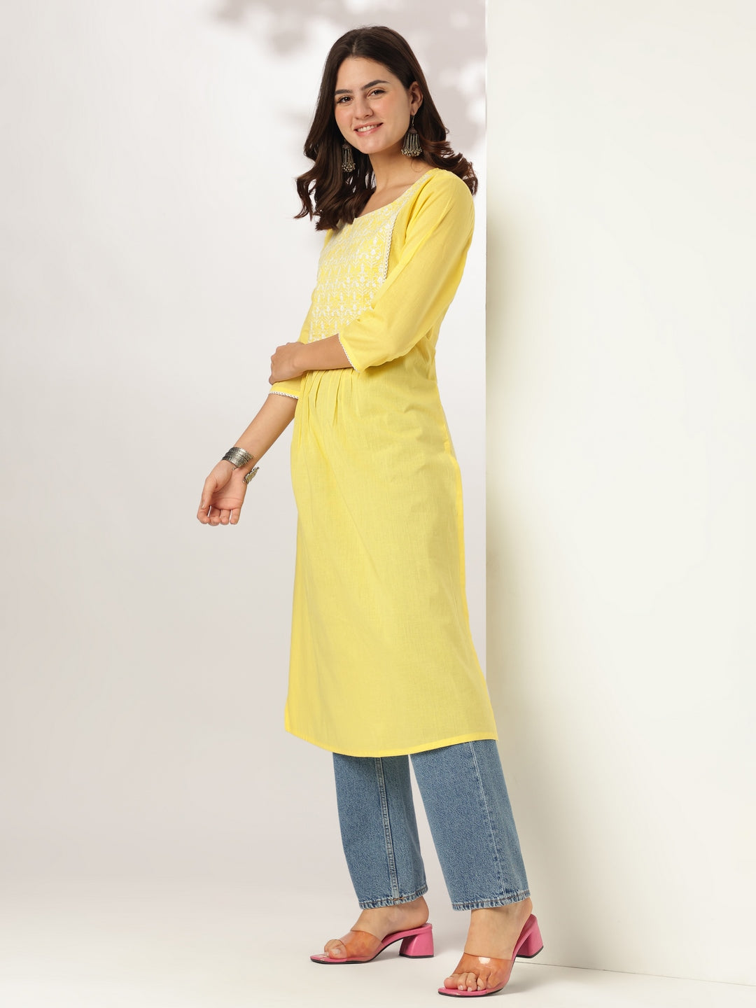 Janasya Light Cotton Yoke Embroidery A-Line Kurta