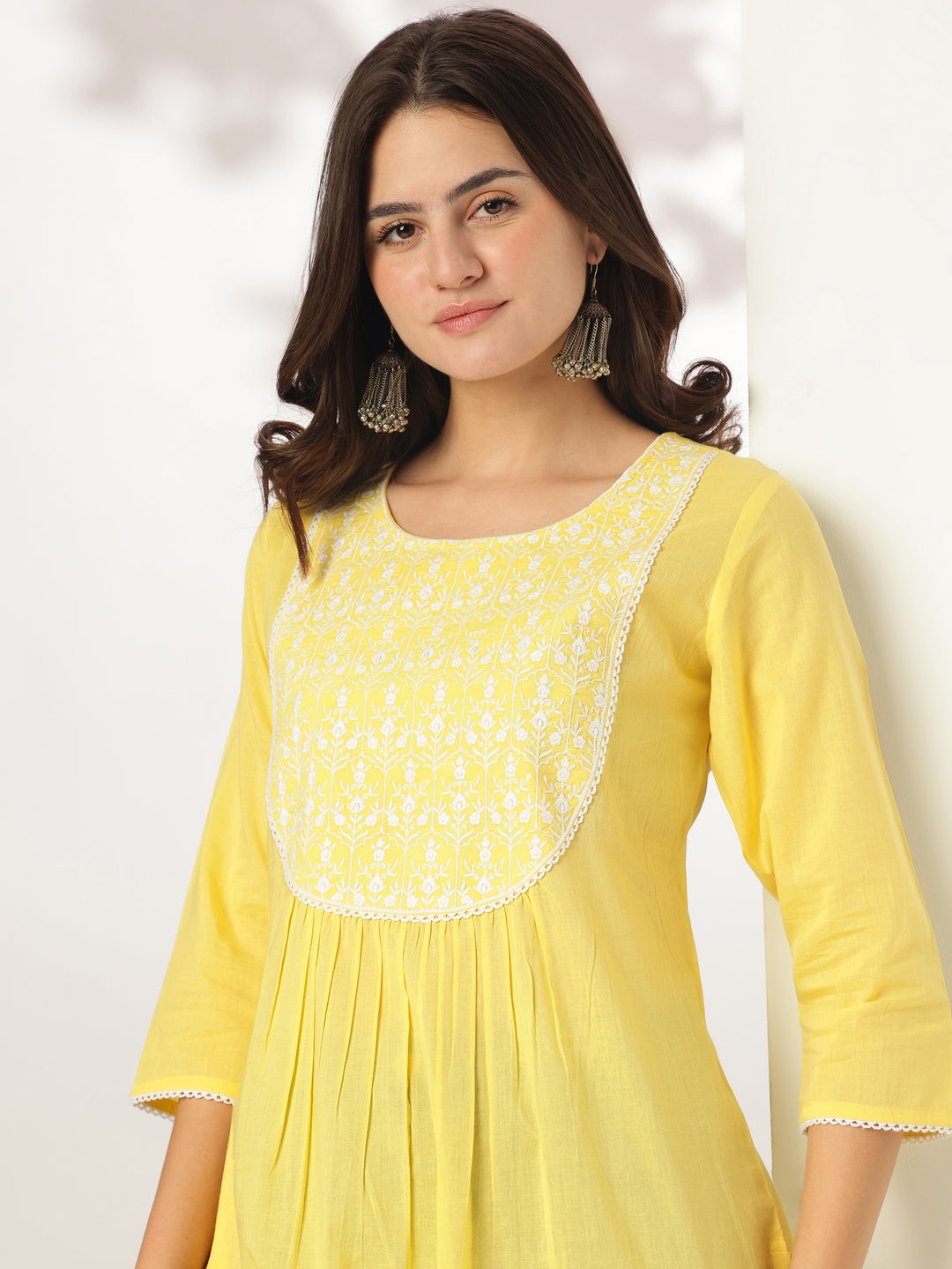 Janasya Light Cotton Yoke Embroidery A-Line Kurta