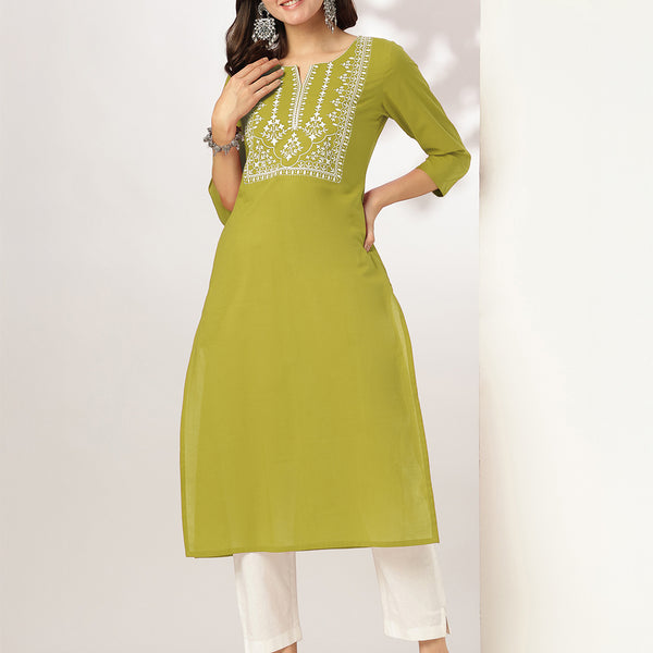 Janasya Dark Cotton Yoke Embroidery Straight Kurta