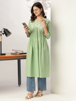Thumbnail for Janasya Light Cotton Yoke Embroidery A-Line Kurta