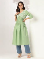 Thumbnail for Janasya Light Cotton Yoke Embroidery A-Line Kurta