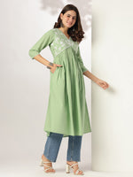 Thumbnail for Janasya Light Cotton Yoke Embroidery A-Line Kurta
