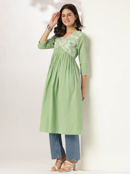 Janasya Light Cotton Yoke Embroidery A-Line Kurta - Distacart
