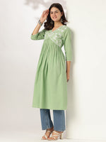 Thumbnail for Janasya Light Cotton Yoke Embroidery A-Line Kurta