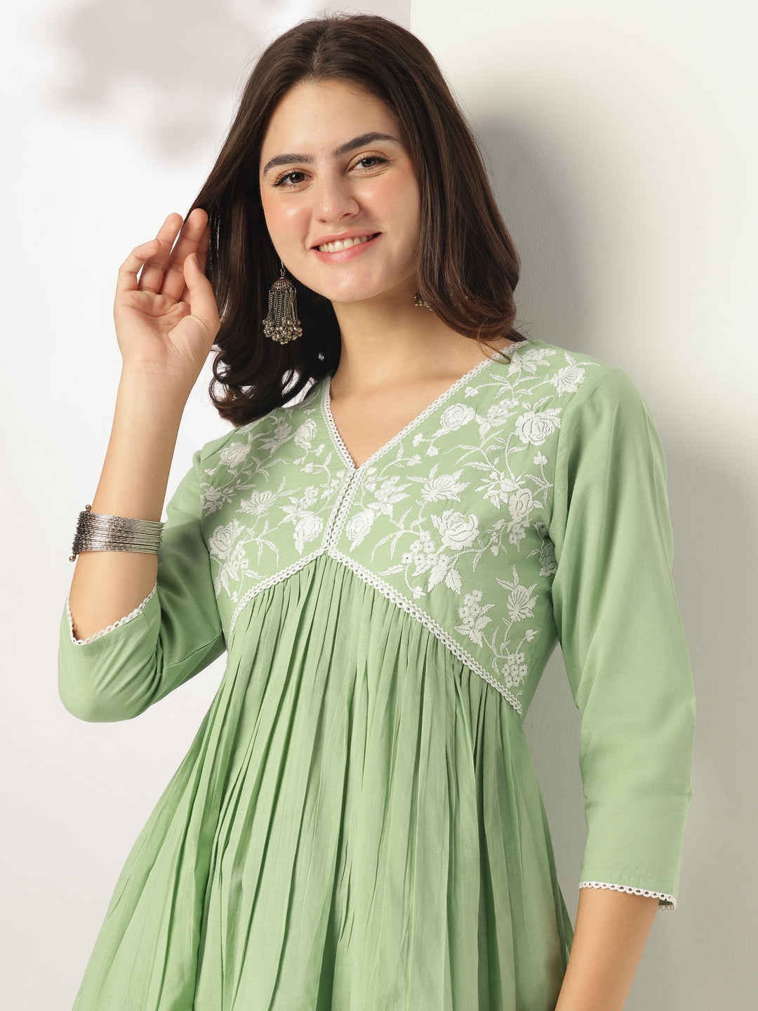 Janasya Light Cotton Yoke Embroidery A-Line Kurta