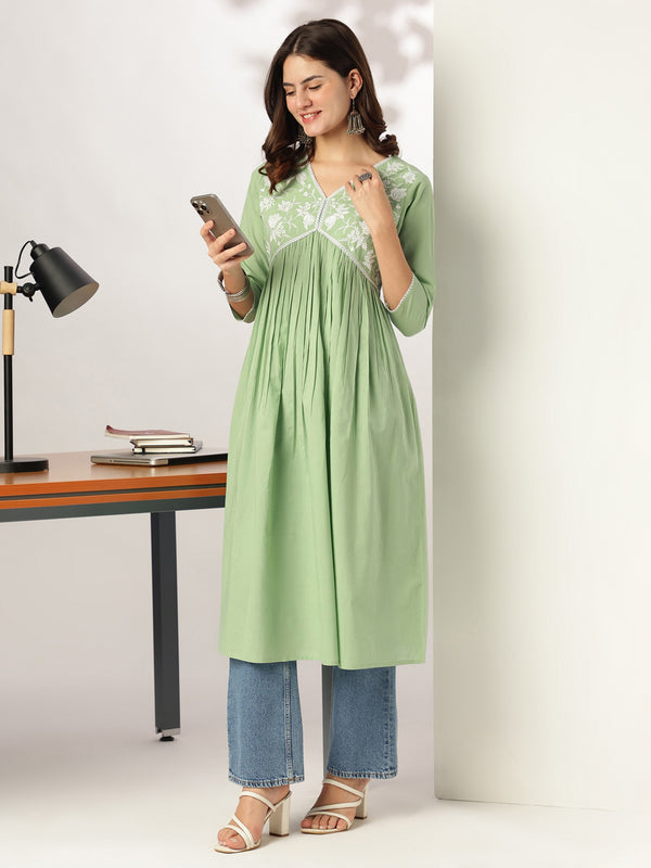 Janasya Light Cotton Yoke Embroidery A-Line Kurta