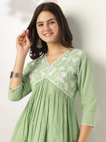 Thumbnail for Janasya Light Cotton Yoke Embroidery A-Line Kurta
