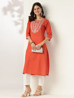 Thumbnail for Janasya Dark Cotton Embroidered Straight Kurta