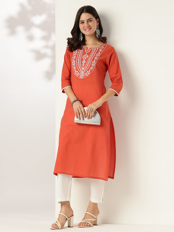 Janasya Dark Cotton Embroidered Straight Kurta