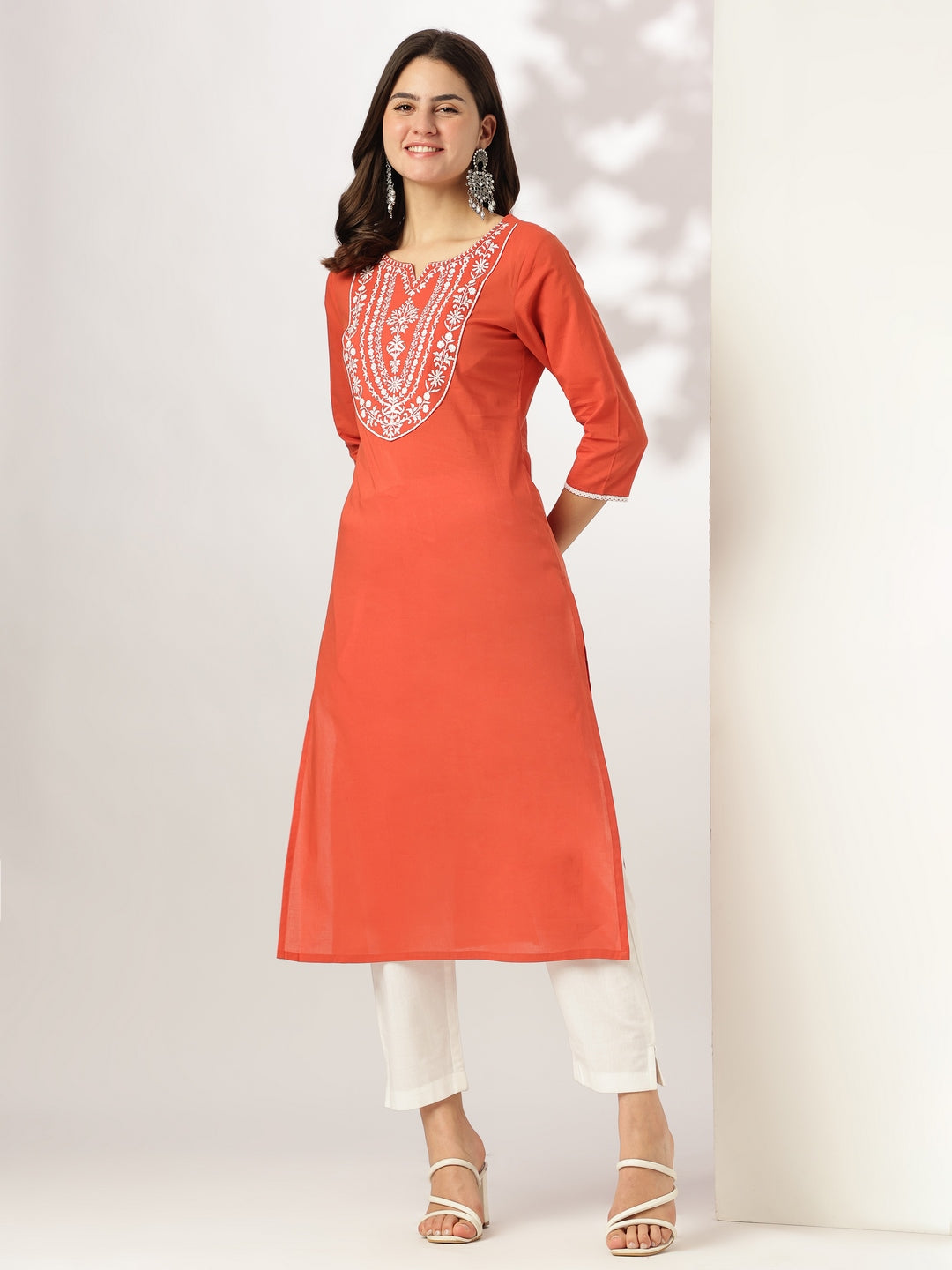 Janasya Dark Cotton Embroidered Straight Kurta