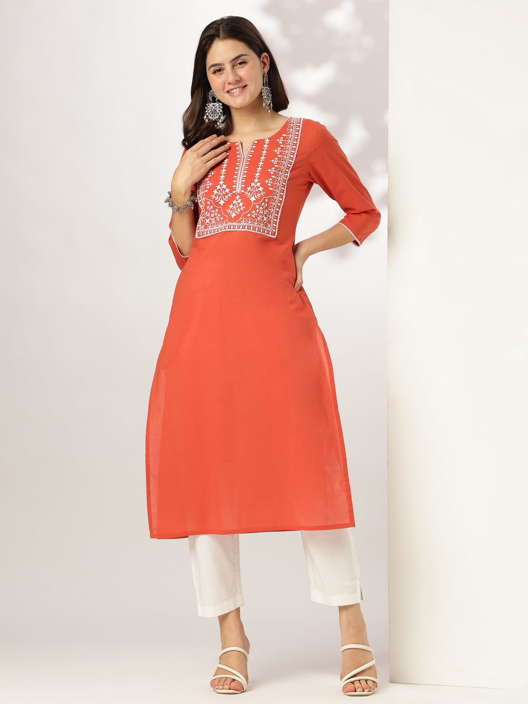 Janasya Dark Cotton Yoke Embroidery Straight Kurta