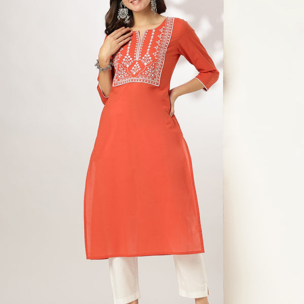 Janasya Dark Cotton Yoke Embroidery Straight Kurta