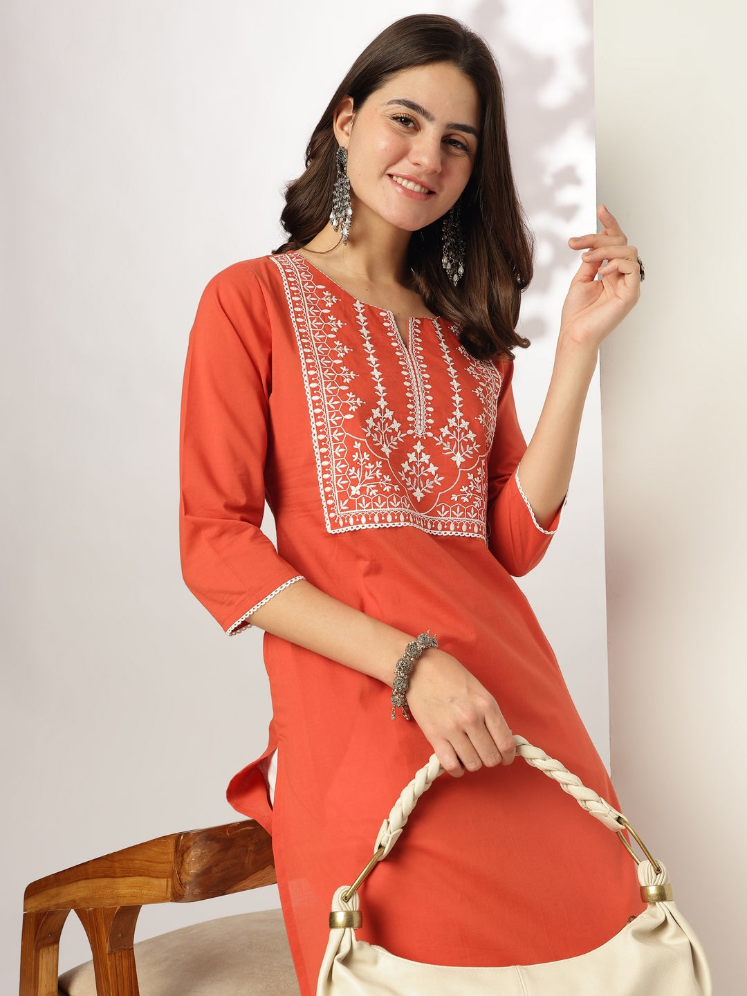Janasya Dark Cotton Yoke Embroidery Straight Kurta