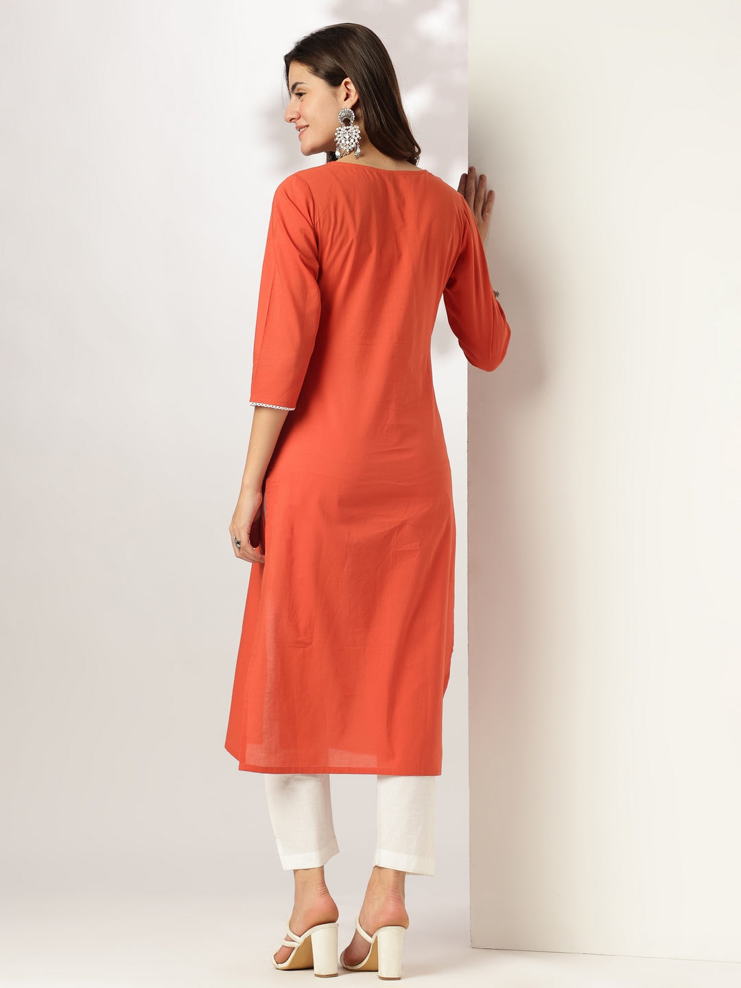 Janasya Dark Cotton Yoke Embroidery Straight Kurta