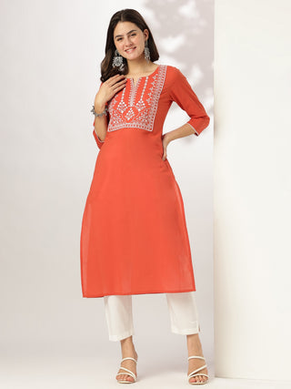 Janasya Dark Cotton Yoke Embroidery Straight Kurta