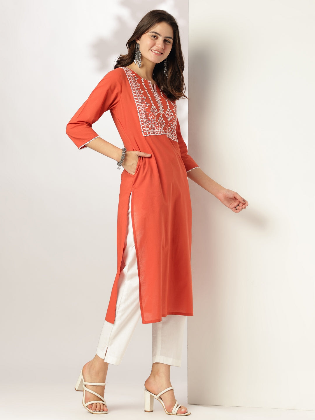 Janasya Dark Cotton Yoke Embroidery Straight Kurta