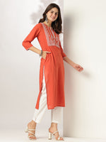 Thumbnail for Janasya Dark Cotton Yoke Embroidery Straight Kurta
