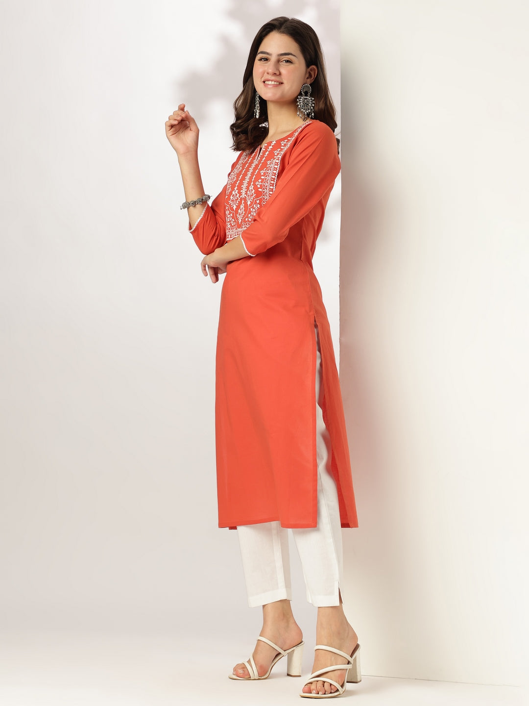 Janasya Dark Cotton Yoke Embroidery Straight Kurta