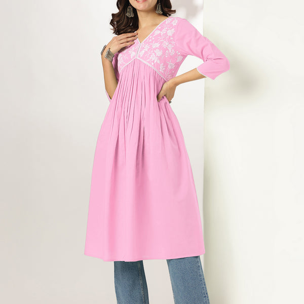 Janasya Light Cotton Yoke Embroidery A-Line Kurta