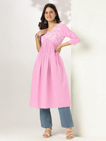 Thumbnail for Janasya Light Cotton Yoke Embroidery A-Line Kurta