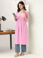 Thumbnail for Janasya Light Cotton Yoke Embroidery A-Line Kurta