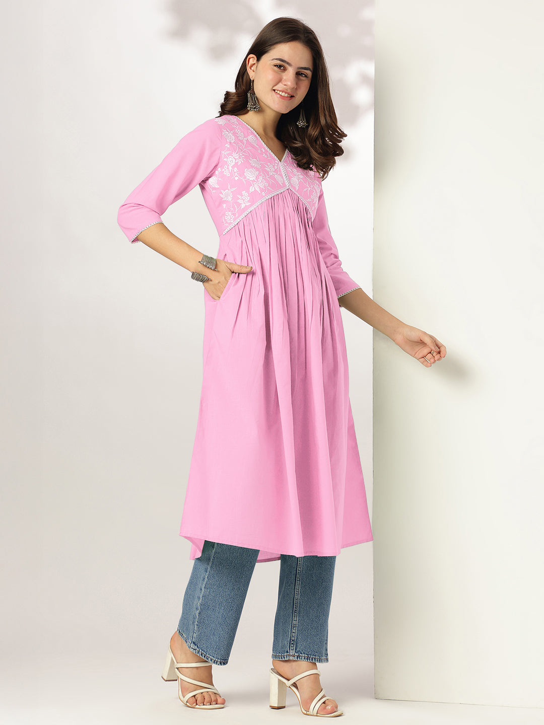 Janasya Light Cotton Yoke Embroidery A-Line Kurta