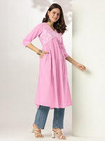 Thumbnail for Janasya Light Cotton Yoke Embroidery A-Line Kurta