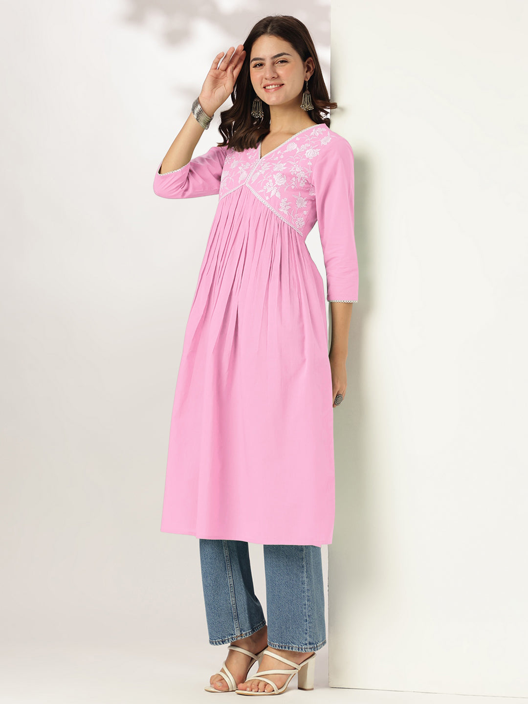 Janasya Light Cotton Yoke Embroidery A-Line Kurta