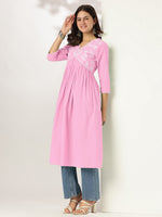 Thumbnail for Janasya Light Cotton Yoke Embroidery A-Line Kurta