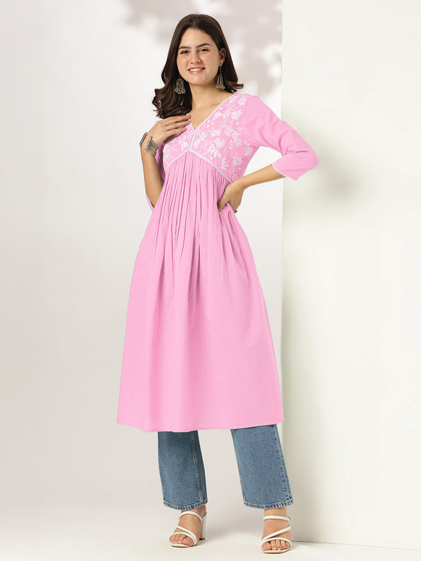 Janasya Light Cotton Yoke Embroidery A-Line Kurta
