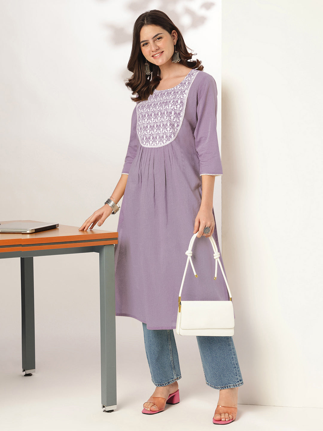 Janasya Light Cotton Yoke Embroidery Straight Kurta