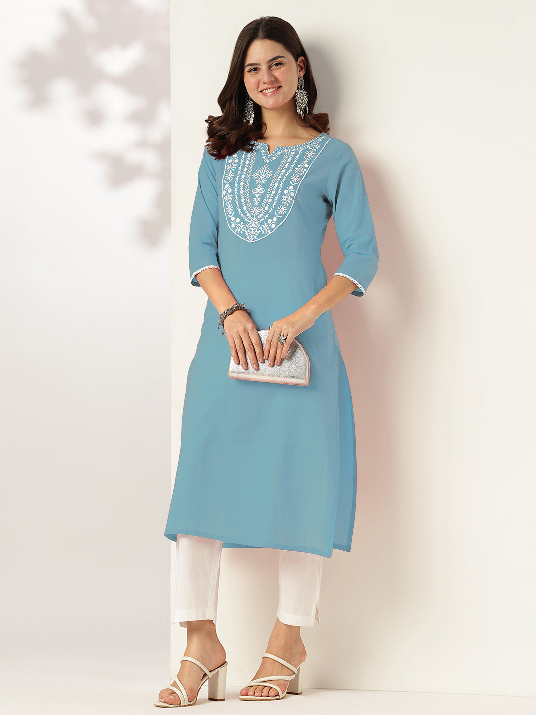 Janasya Light Cotton Yoke Embroidery Straight Kurta