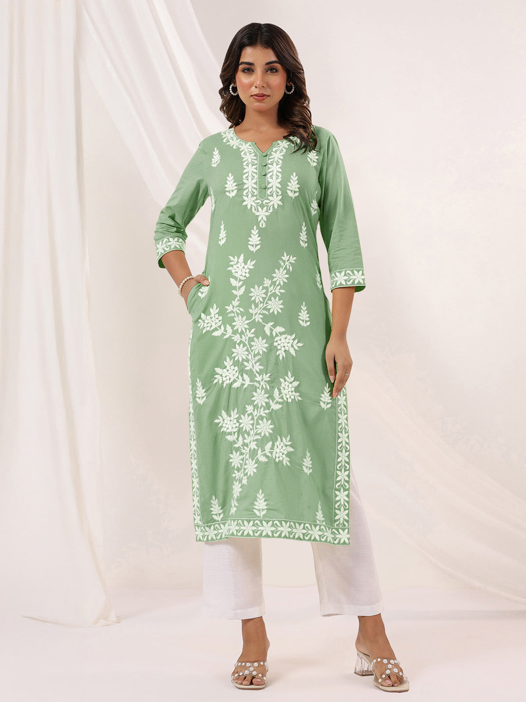 Janasya Light Cotton Embroidered Straight Kurta