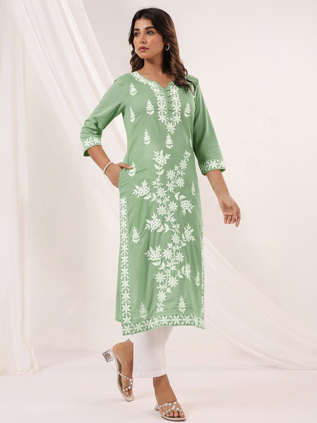 Janasya Light Cotton Embroidered Straight Kurta