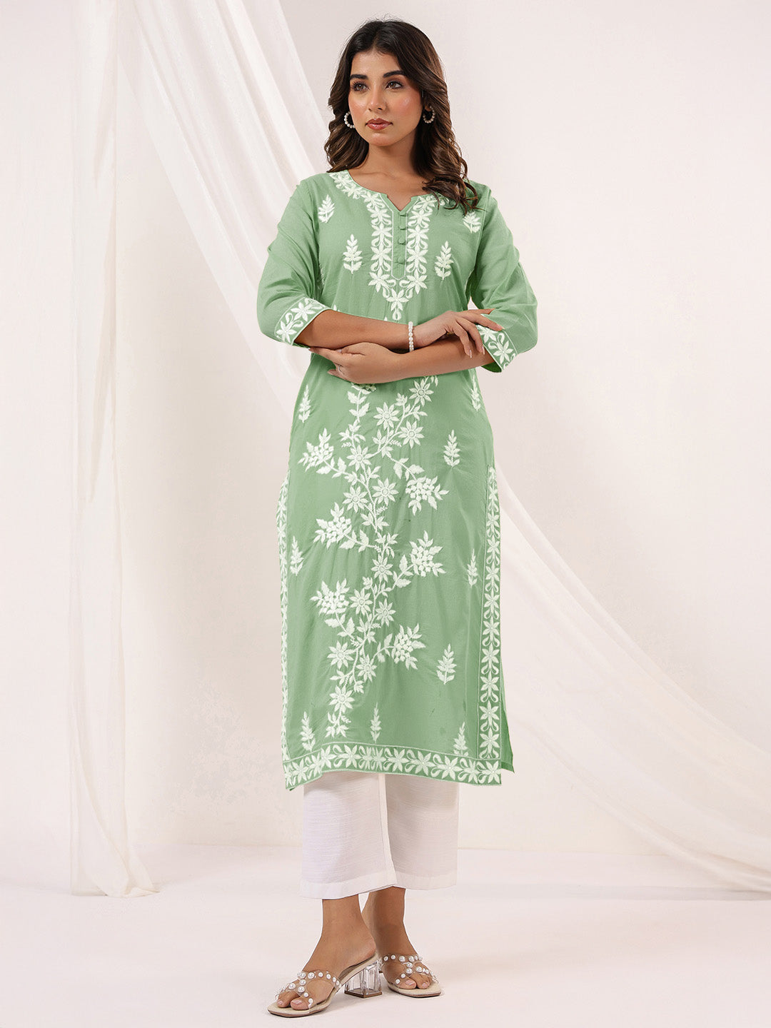 Janasya Light Cotton Embroidered Straight Kurta