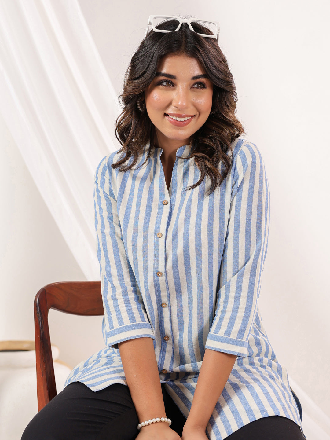 Janasya Light Cotton Striped Straight Kurta