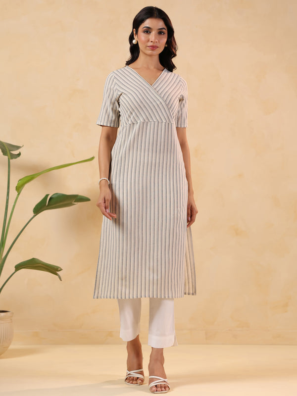 Janasya Light Cotton Striped Straight Kurta