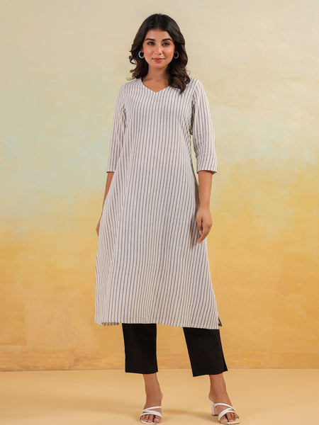 Janasya Light Cotton Striped Straight Kurta