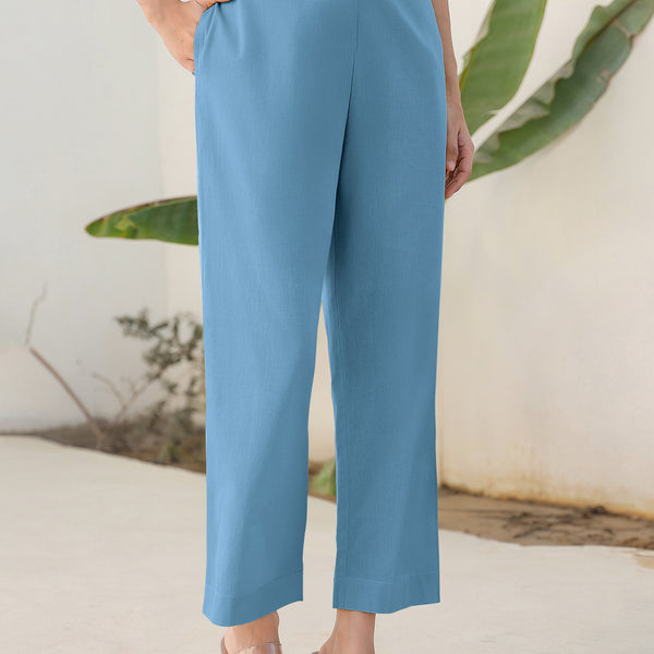Janasya Light Blue Cotton Solid Pant