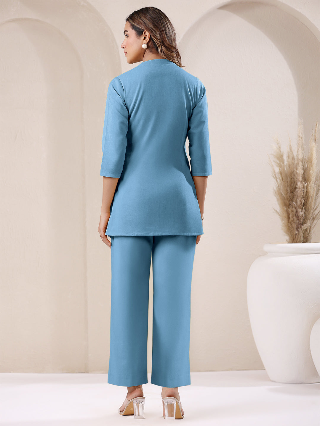 Janasya Light Blue Cotton Solid Pant