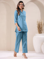 Thumbnail for Janasya Light Blue Cotton Solid Pant