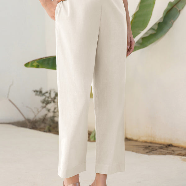 Janasya Off White Cotton Solid Pant