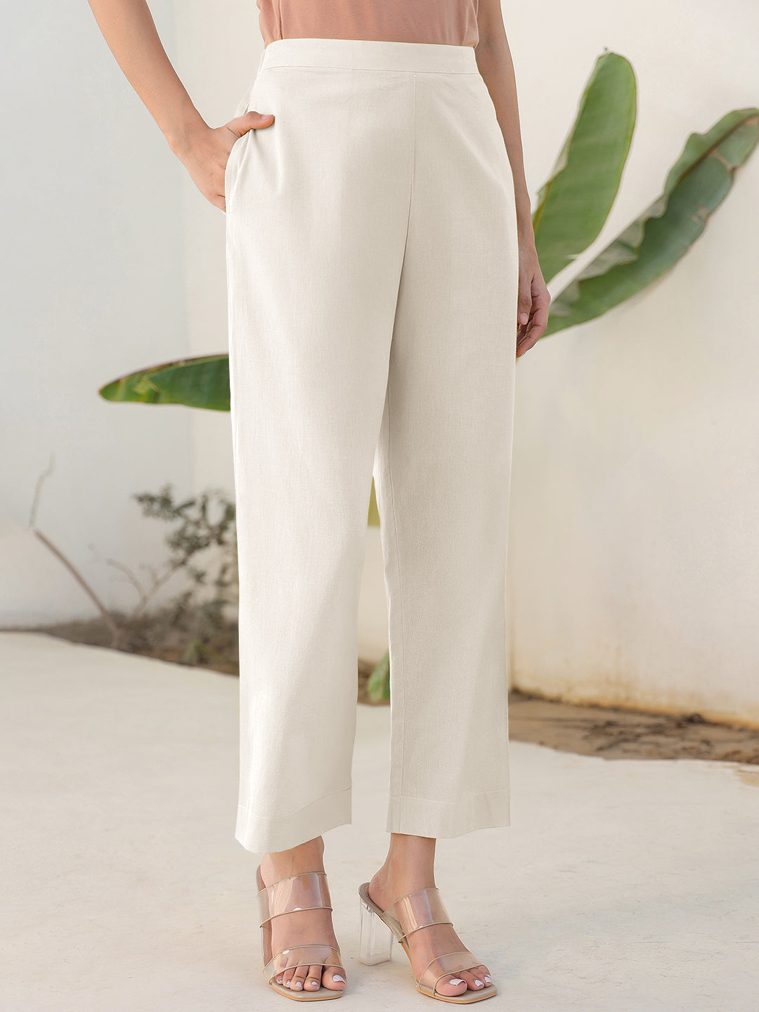 Janasya Off White Cotton Solid Pant