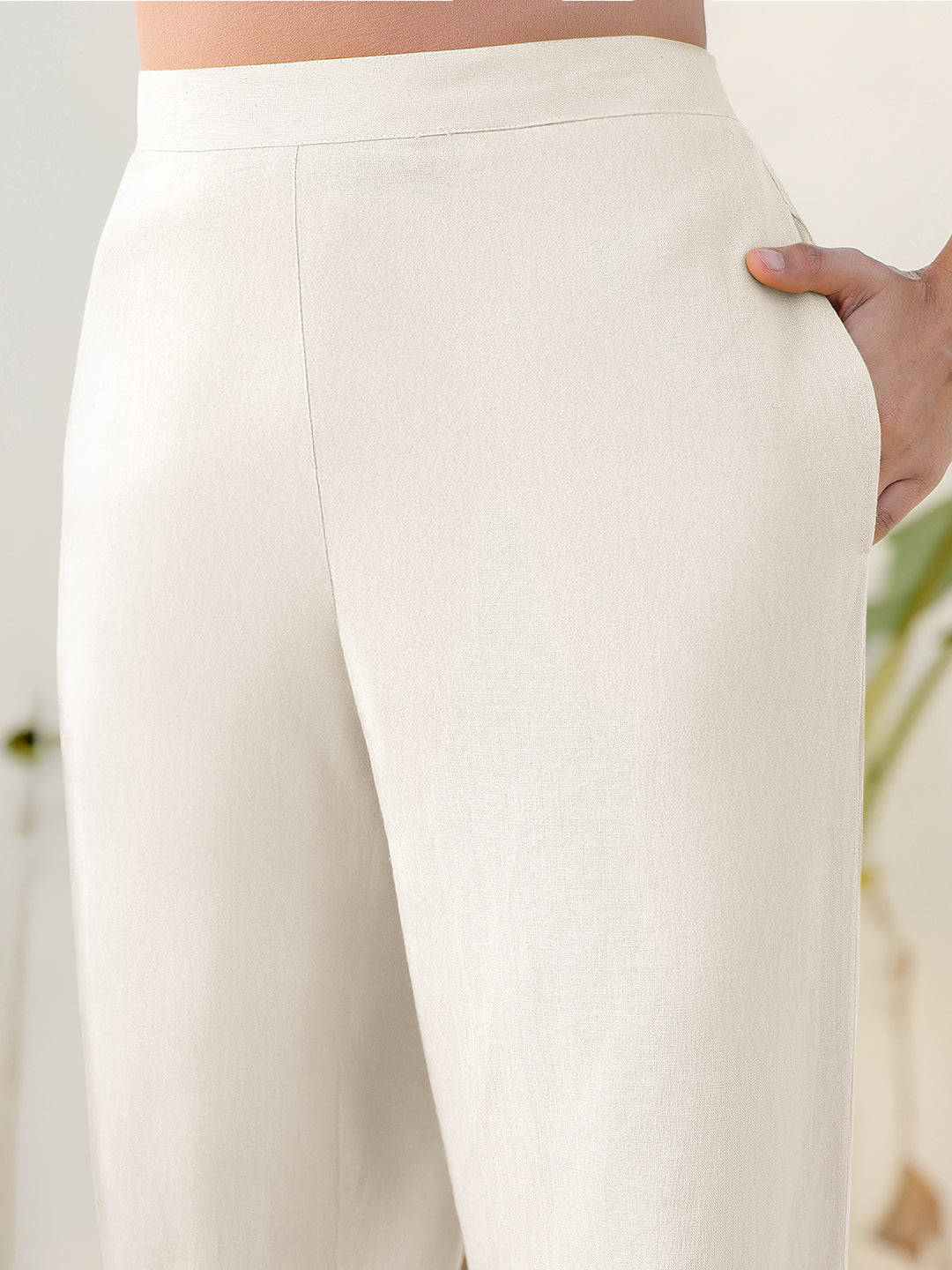 Janasya Off White Cotton Solid Pant